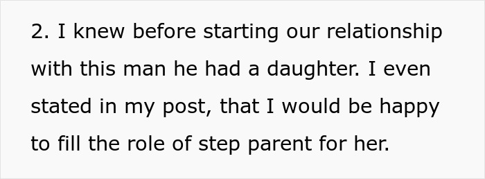 Text excerpt about knowing partner had a daughter and willingness to be a step parent in a relationship.