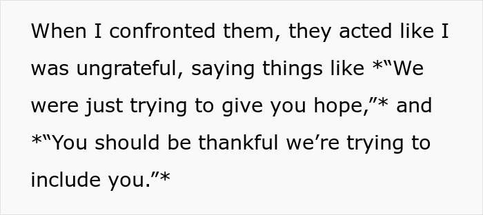Text excerpt showing a woman's confrontation with family amid drama over a bizarre fake adoption plan.