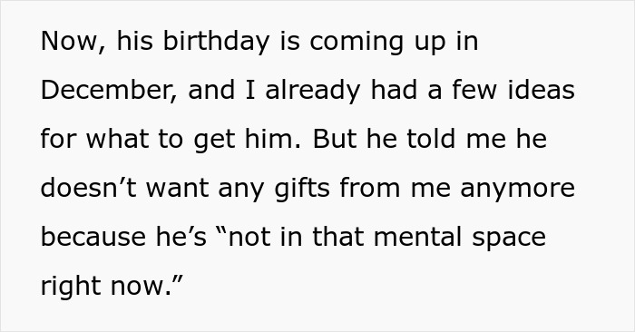 Text discussing a boyfriend refusing to hang an anniversary gift on the wall due to not being in the mental space for it.