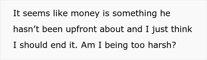 Text on white background about money honesty during vacation revealing man's true colors causing girlfriend to rethink relationship.