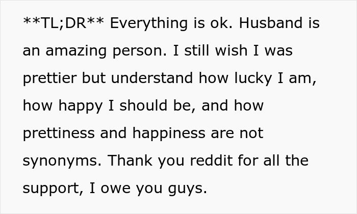 Text post reflecting on being an ugly woman, appreciating husband, and finding happiness beyond appearance.