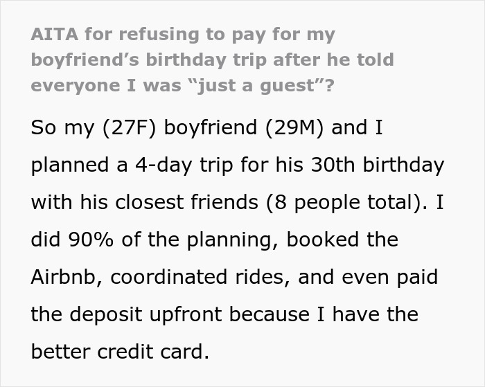 Text post about boyfriend bragging for covering birthday trip expenses, with girlfriend revealing she was behind the payments.