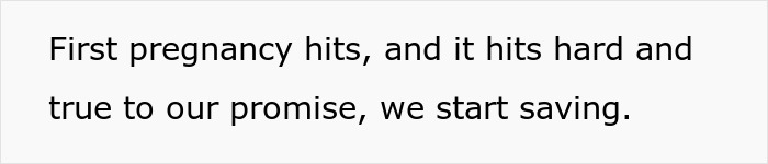 Text image with a quote about first pregnancy hitting hard and starting to save, related to tummy tuck savings.