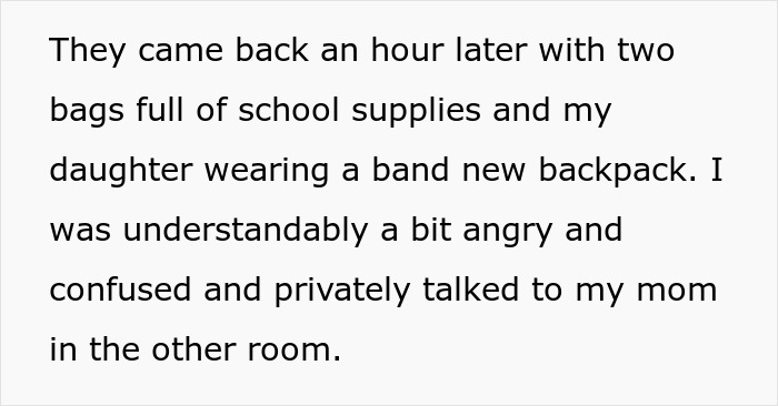 Text excerpt describing a single mom feeling angry and confused after buying school supplies and discussing with her mom.