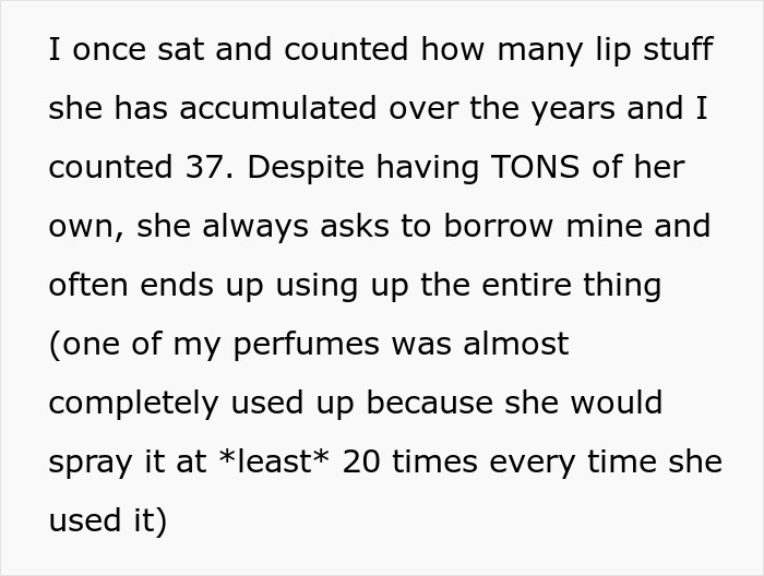 Text excerpt describing a sibling using and depleting stepsister&rsquo;s gifts without permission, causing family tension.