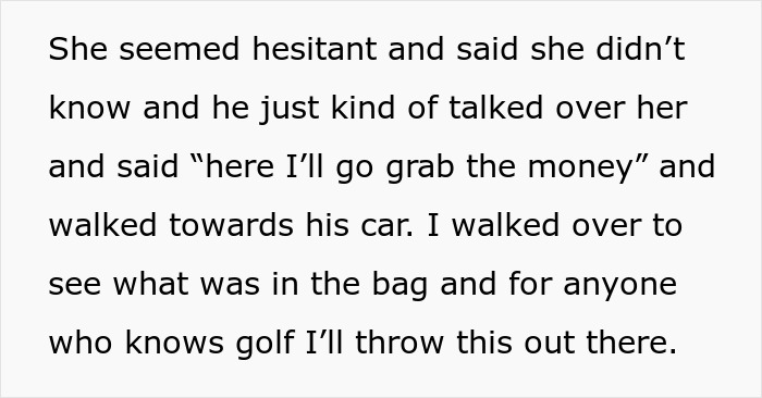 Text excerpt about a rich guy trying to rip off a widow by buying golf clubs at a low price, with a stranger stepping in.