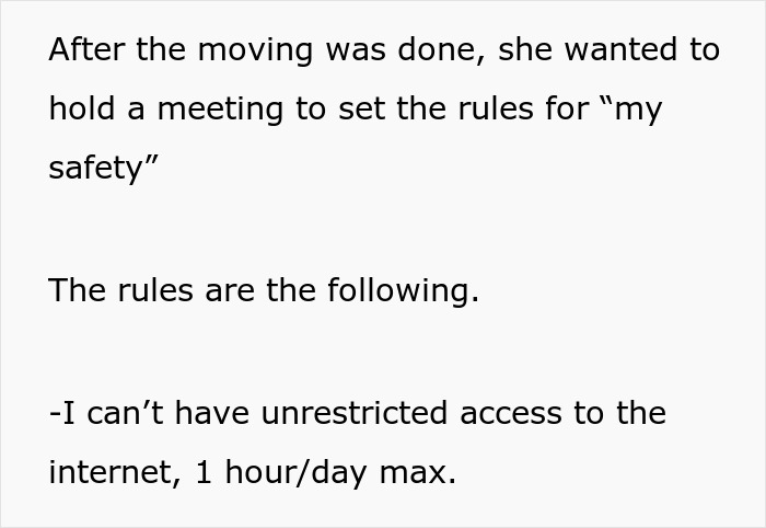 Text discussing a stepmother's control over family relationship rules, including internet access limited to one hour per day. Text discussing a stepmother's control over family relationship rules, including internet access limited to one hour per day.
