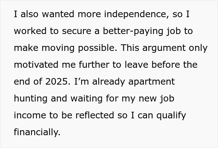 Text excerpt about gaining independence, securing a better-paying job, and preparing to move for financial qualification.