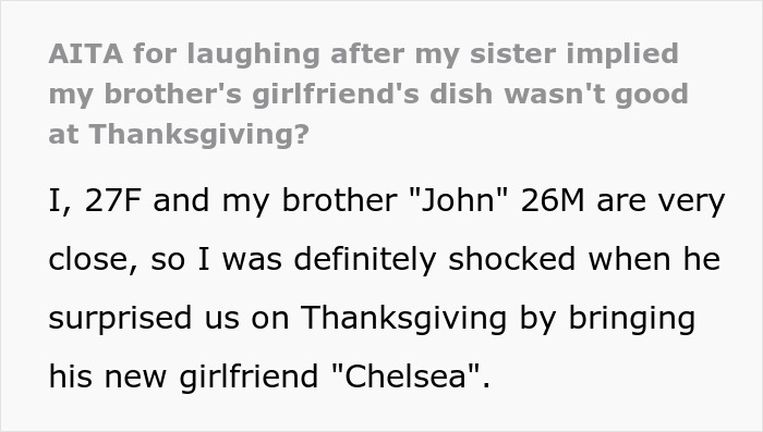 Text excerpt from a post about a man mocking sister&rsquo;s food, leading to his girlfriend crying over raisin potatoes at Thanksgiving.