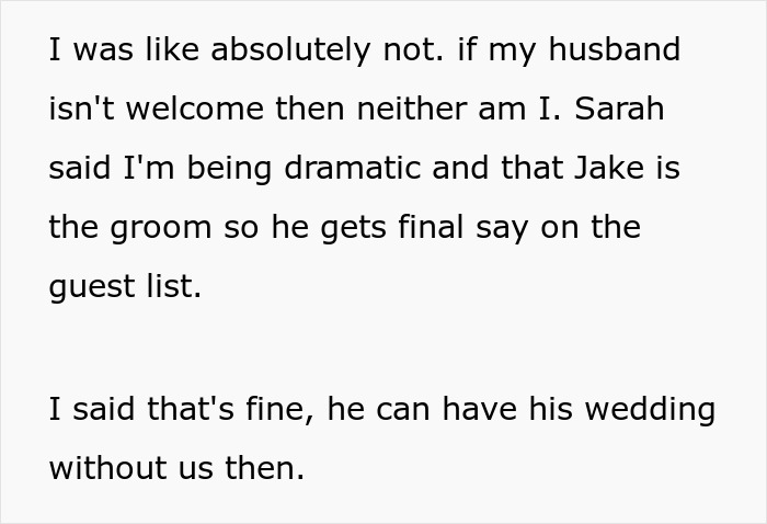 Text excerpt showing a discussion about uninviting a brother-in-law from a wedding after years of mocking.
