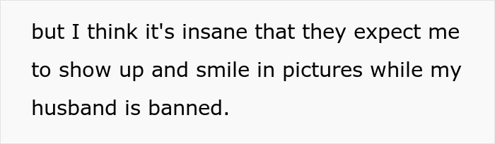 Text screenshot showing a comment about smiling in pictures while a husband is banned, related to man mocking brother-in-law.