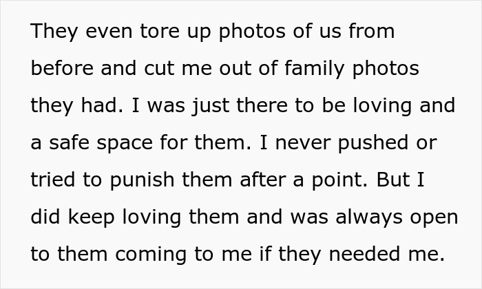 Text excerpt highlighting ongoing hate toward stepmom after mom poisoned kids against her, showing family conflict emotions.