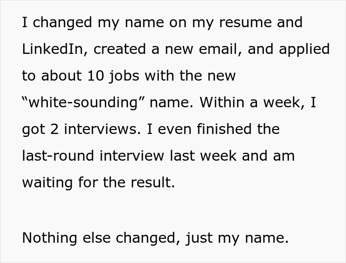 Alt text: Woman changes name to a more white-sounding one and immediately receives more job offers and interview calls.