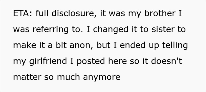 Text post explaining full disclosure about a brother and girlfriend related to a planned surgery and family visit surprise.