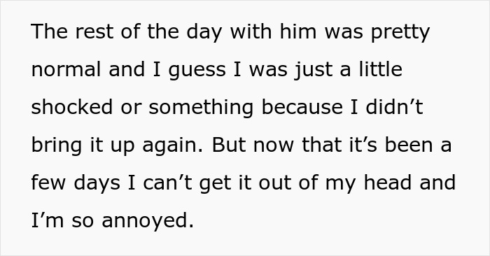 Text excerpt showing a worried daughter reflecting on her dad being upset about her home and feeling annoyed days later.