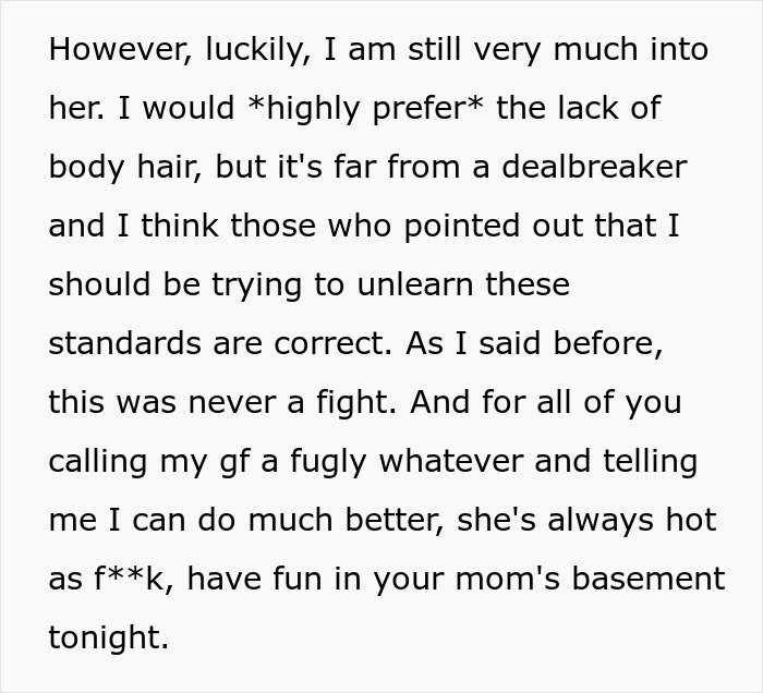 Text excerpt discussing a man reflecting on his girlfriend's beauty routine, shaving, and makeup preferences.