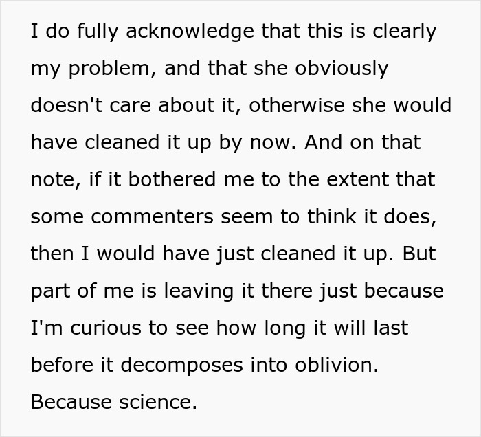 Text excerpt showing a person annoyed by neighbor&rsquo;s rotting pumpkin, debating sending a passive-aggressive message.