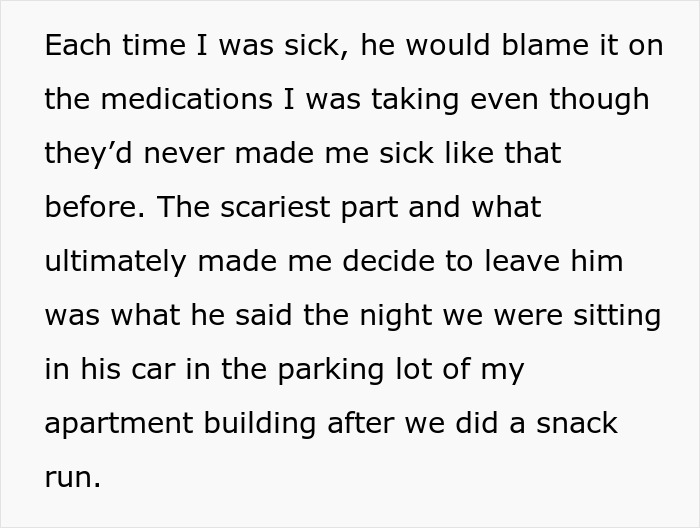 Text describing a woman realizing her ex might have been poisoning her after months of mysterious illness and odd behaviors.