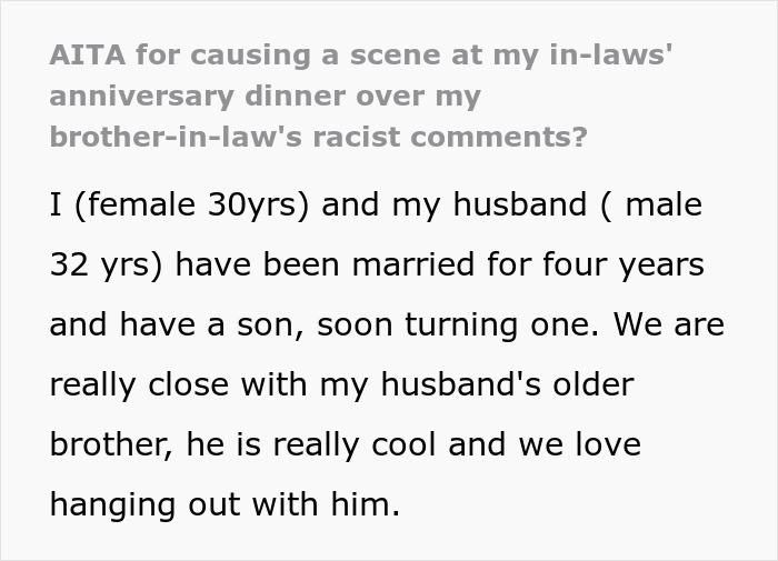 Alt text: Woman confronts brother-in-law over racist slurs during family dinner while mother-in-law claims the evening was ruined.