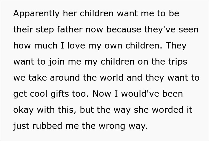 Man refuses to be step-father to fianc&eacute;e&rsquo;s children who want to join trips and receive cool gifts too.