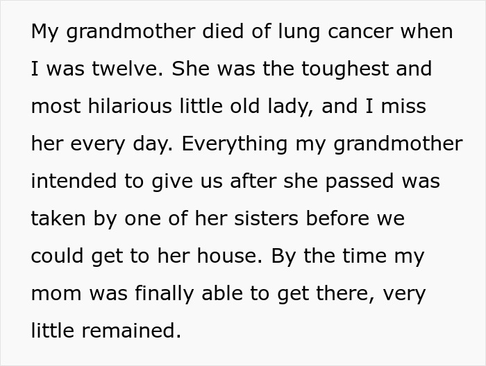 Text on a white background telling a story about a grandmother who died and her jewelry box being taken before family could collect it.