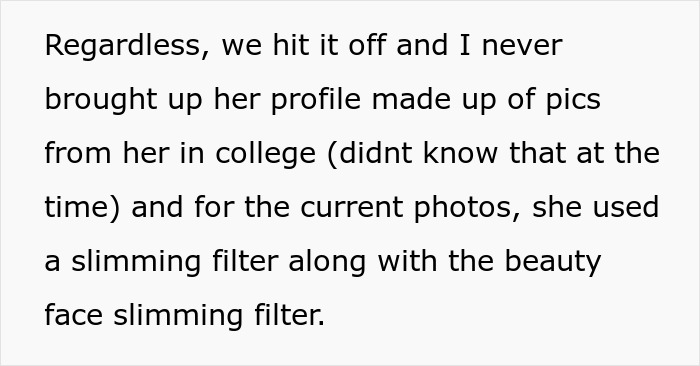 Text discussing a gym influencer using slimming and beauty face filters on photos, causing issues in her relationship.