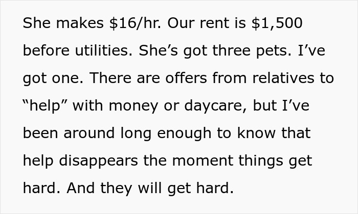 Text showing financial stress from low wages, high rent, and unreliable help amid foster care challenges.
