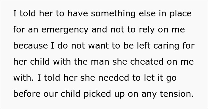 Text excerpt showing a woman expecting help from ex-husband after leaving him for another man but facing a harsh reality check.