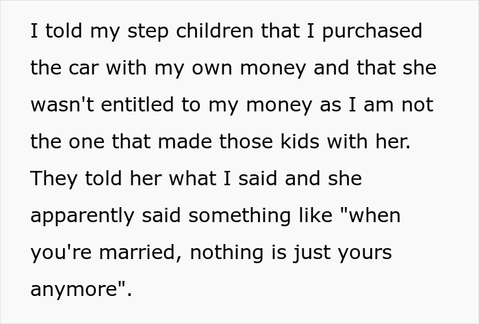 Text excerpt on white background about buying a car with own money and entitlement, related to car accident settlement money.