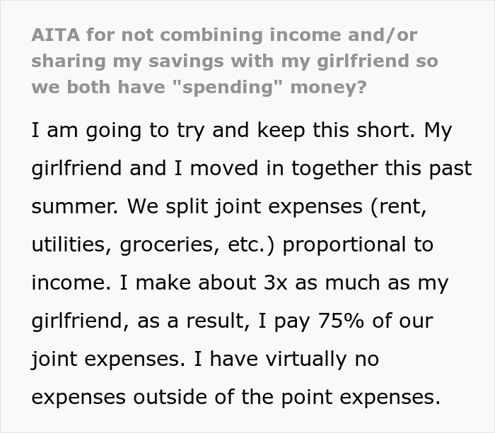 Text excerpt discussing woman demanding combined income and boyfriend considered selfish with money in relationship conflict. Text excerpt discussing woman demanding combined income and boyfriend considered selfish with money in relationship conflict.