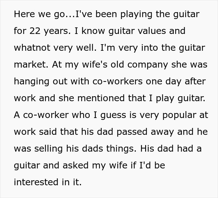 Text about man buying a $50K guitar for $4K, knowing guitar values, and refusing to sell it back after truth revealed. Text about man buying a $50K guitar for $4K, knowing guitar values, and refusing to sell it back after truth revealed.