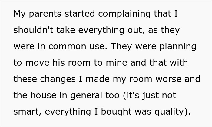 Text about parents kicking out daughter to move into her remodeled room, and her taking everything away in response.