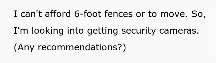 Text post about seeking security camera recommendations due to concerns about elderly lady allegedly planning to steal neighbor&rsquo;s doggo.