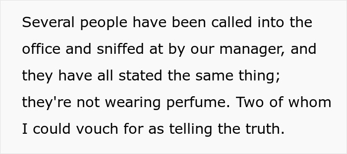 Text excerpt about workplace banning perfume due to employee allergies and related complaints from staff