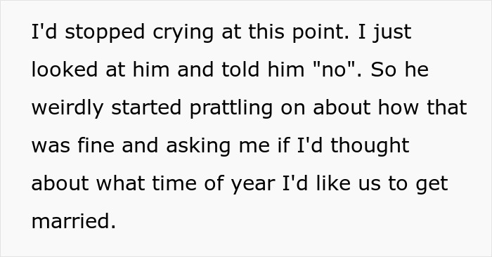 Text excerpt showing a conversation about marriage rejection and a surprising open marriage twist.