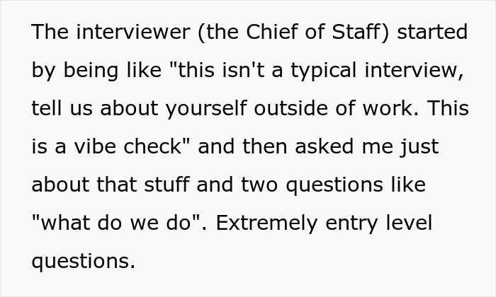 Text on screen describing an informal job interview focusing on personal vibe check and basic questions during AI-scored job interview. Text on screen describing an informal job interview focusing on personal vibe check and basic questions during AI-scored job interview.