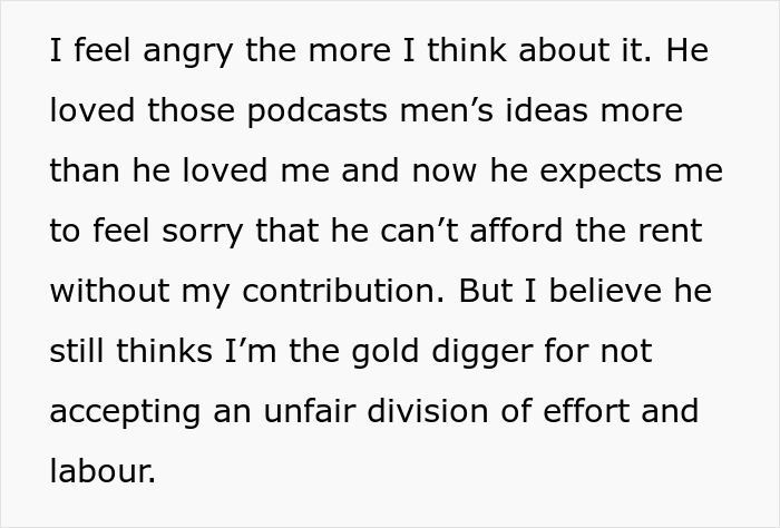 Text excerpt about a woman called a gold digger after wanting fair chores and leaving her boyfriend who begs for rent money.