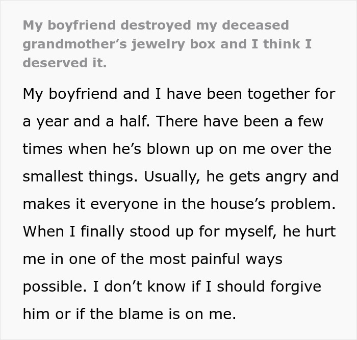 Alt text: Emotional text about boyfriend destroying girlfriend&rsquo;s grandmother&rsquo;s jewelry box causing pain and conflict in relationship.