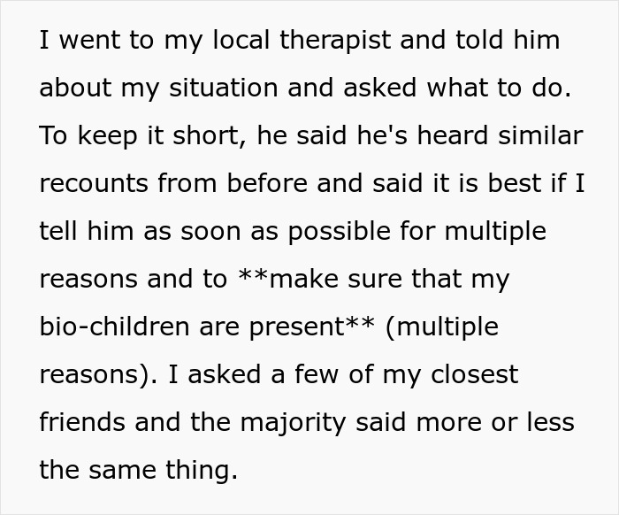 Text excerpt about a guy consulting his therapist on telling his son the harsh truth about his real parents.