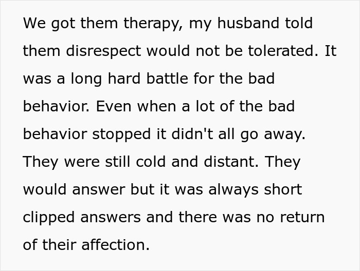 Text about therapy and dealing with kids&rsquo; cold, distant behavior after mom poisons them against stepmom.