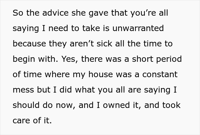 Text excerpt showing a mom explaining how she owned and took care of a messy house despite being exhausted and shamed by her bestie.