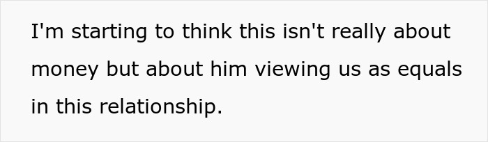 Text on screen stating a viewpoint on equality in relationships, related to rich boyfriend demands equal split rent girlfriend refuses.
