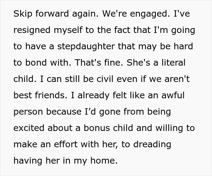 Text excerpt discussing challenges of bonding with a stepdaughter and feelings about dating men with kids.