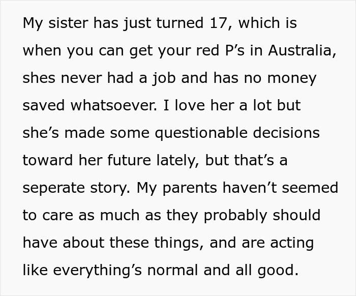 Text discussing parents gifting a 17-year-old golden child a $25K car while older sibling receives a phone case.