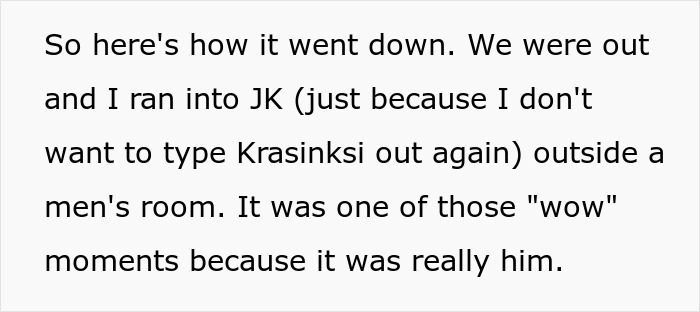 Text describing a wife taking a free pass with John Krasinski to the next level, with her husband not allowing a photo.