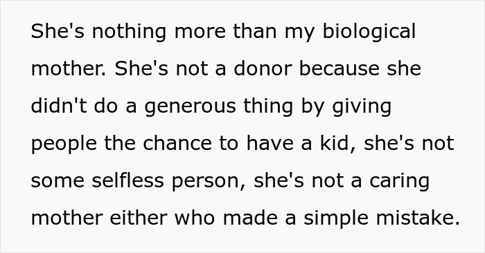 Text on a white background criticizing a biological mother for abandoning her child and lacking generosity or care. Text on a white background criticizing a biological mother for abandoning her child and lacking generosity or care.