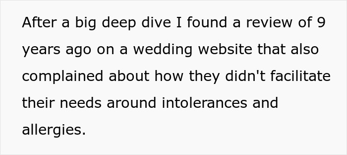 Text describing a negative wedding vendor review mentioning failure to accommodate bride&rsquo;s allergy and cupcake needs.