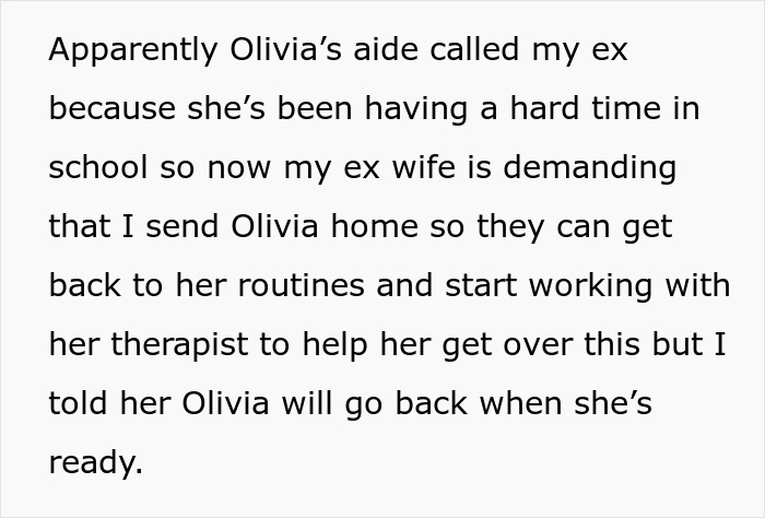 Text excerpt about autistic child Olivia refusing to go home after discovering woman&rsquo;s work trip was a vacation.