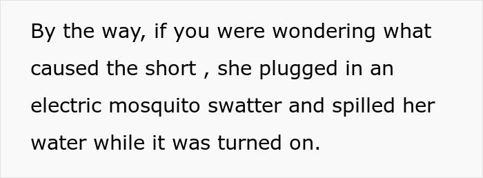 Text on a white background describing a scenario where a pregnant bedridden wife spills water from an electric mosquito swatter causing a short.