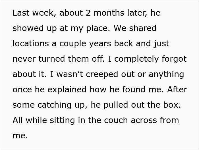 Text describing a man proposing two months after his girlfriend dumped him and revealing his true colors when she refuses.